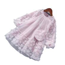 Spring new children's skirt gauze flower glittering bag long sleeve girl's dress